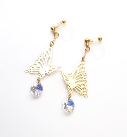 Look like Pierced ! Dangle Gold tone Butterflies & Aurora Borelis Swarovski Crystal Invisible Clip on Earrings, Wedding Clip-On Earrings
