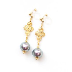 Pierced Look! Gold Spiral Motif & Classy Rich Gray Cotton Pearl Invisible Clip on Earrings, Bridal Pearl Clip Earrings, Non Pierced Earrings