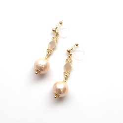 Pierced Look! Diamond Motif & Light Orange Cotton Pearl Invisible Clip on Earrings