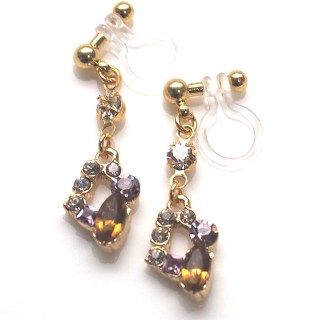 dangle Topaz and purple rhinestone crystal invisible clip on earrings