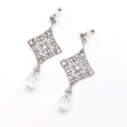 Look like Pierced!Dangle Silver filigree teardrop Swarovski Crystal Invisible Clip on Earrings,Wedding Clip-On Earrings,Bridal Clip Earrings