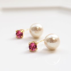Double Sided Pink Red Rose Swarovski Crystal & Light Beige Cotton Pearl Titanium Earrings for Sensitive Ears, Double Pearl Earrings