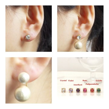 Double sided swarovski crystal & light beige cotton pearl titanium earrings hypoallergenic 4