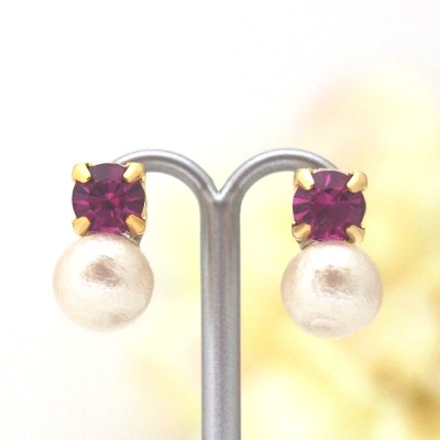 Totally Invisible Clip on Earrings: Fuchsia Swarovski and Light Beige Japanese Cotton Pearl Invisible Clip on Earrings