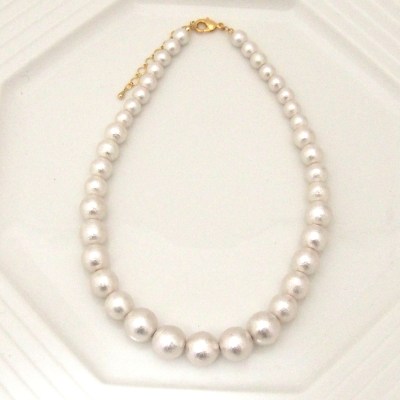 Graduated White Japanese Cotton Pearl Necklace