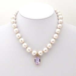 White Japanese cotton pearl necklace with violet swarovski crystal charm