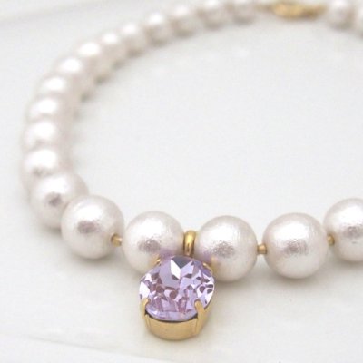 White Japanese cotton pearl necklace with violet swarovski crsytal