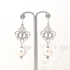 Silver rococo style cotton pearl invisible clip on earrings