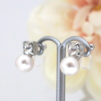 Totally Invisible Clip on Earrings:Crystal Swarovski and Japanese White Cotton Pearl Invisible Clip on Earrings