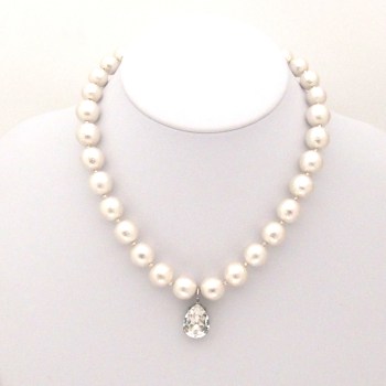 White Japanese cotton pearl and teardrop clear Swarovski crystal charm nekclace