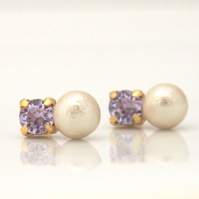 Totally invisible clip on earrings, violet swarovski crystal and cotton pearl clip on earrings