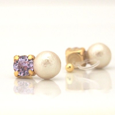 Invisible clip on earrings, violet swarovski crystal and cotton pearl clip on earrings