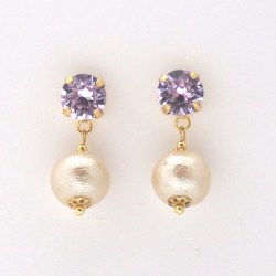 Violet Swarovski crystal and light beige Japanese cotton pearl earrings