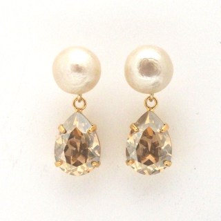 Cotton pearl and teardrop golden shadow Swarovski crystal earrings
