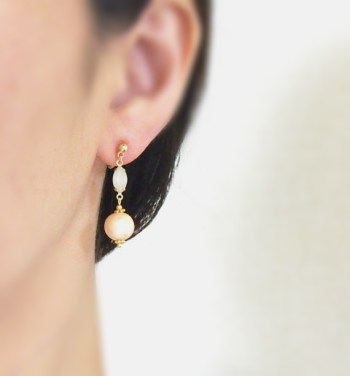 Marquise Gray Crystal & Japanese Light Orange Cotton Pearl Invisible Clip on Earrings