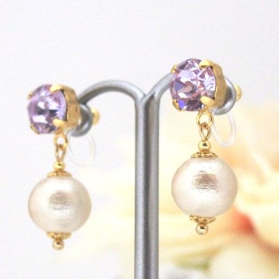 Violet Swarovski Crystal and Light beige Japanese invisible clip on earrings_MiyabiGrace (1)