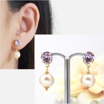 Dangle violet swarovski crystal and cotton pearl invisible clip on earrings1