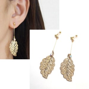 dangle lage gold leaf Filigree and crystal invisible clip on earrings non pierced earrings