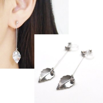 dangle silver leaf and crystal invisible clip on earrings non pierced earrings