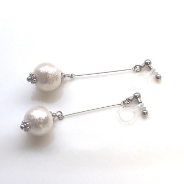 dangle white cotton pearl invisible clip on earrings