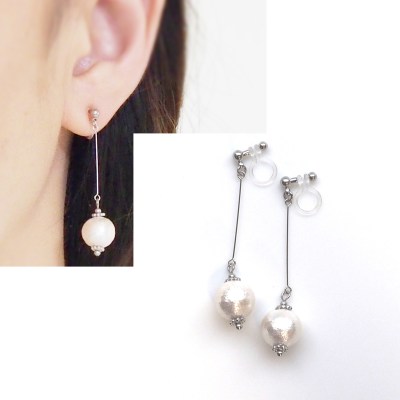 dangle silver white cotton pearl invisible clip on earrings non pierced earrings 3
