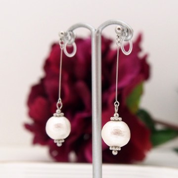 Dangle white cotton pearl invisible clip on earrings