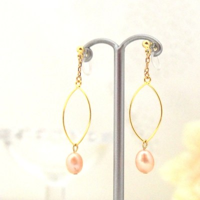 Dangle gold hoop & orange freshwater pearl invisible clip on earrings5