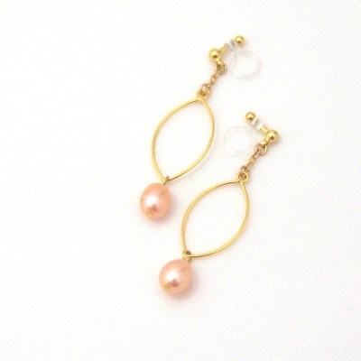 Dangle gold hoop & orange freshwater pearl invisible clip on earrings6