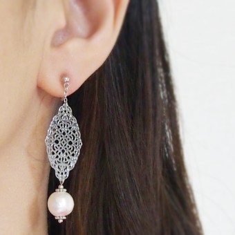 Dangle Silver Filigree & white Cotton Pearl Invisible Clip on Earrings non pierced earrings 3