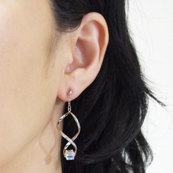 Silver wavy motif and Swarovski Crystal Aurora Borealis Invisible Clip On Earrings