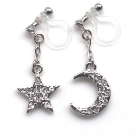 <img src=”dangle-silver-cystal-pave-rhinestone-moon-and-star-invisible-clip-on-earrings6.jpg” alt=”pierced look and comfortable Pierced look and comfortable dangle star and moon rhinestone crystal invisible clip on earrings 耳環夾 ノンホールピアス　イヤリング”/>