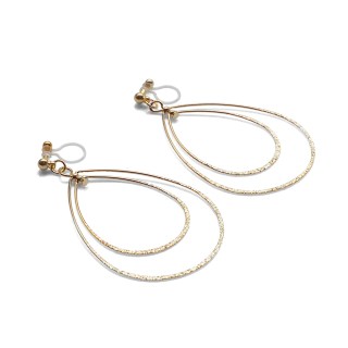 Comfortable pierced look dangle shiny rotatable textured gold double teardrop hoop invisible clip on earrings MiyabiGrace 夾耳環 夾式耳環 イヤリング5.jpg