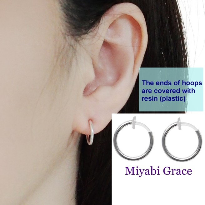 Comfortable small silver plastic resin hypoallergenic clip on hoops earrings Miyabi Grace4.jpg